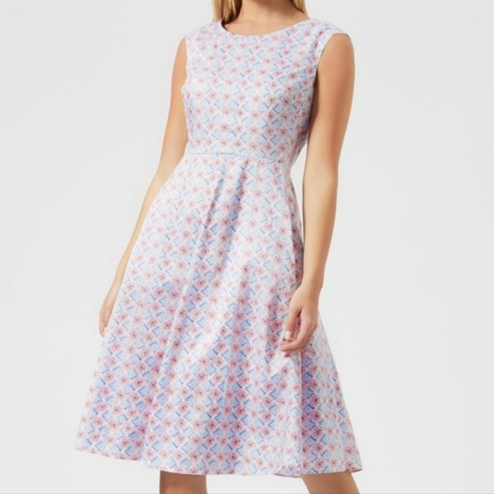 Joules Amelie Dress Sum Mos Print White Blue Pink Circle Skirt 50's Inspired 6